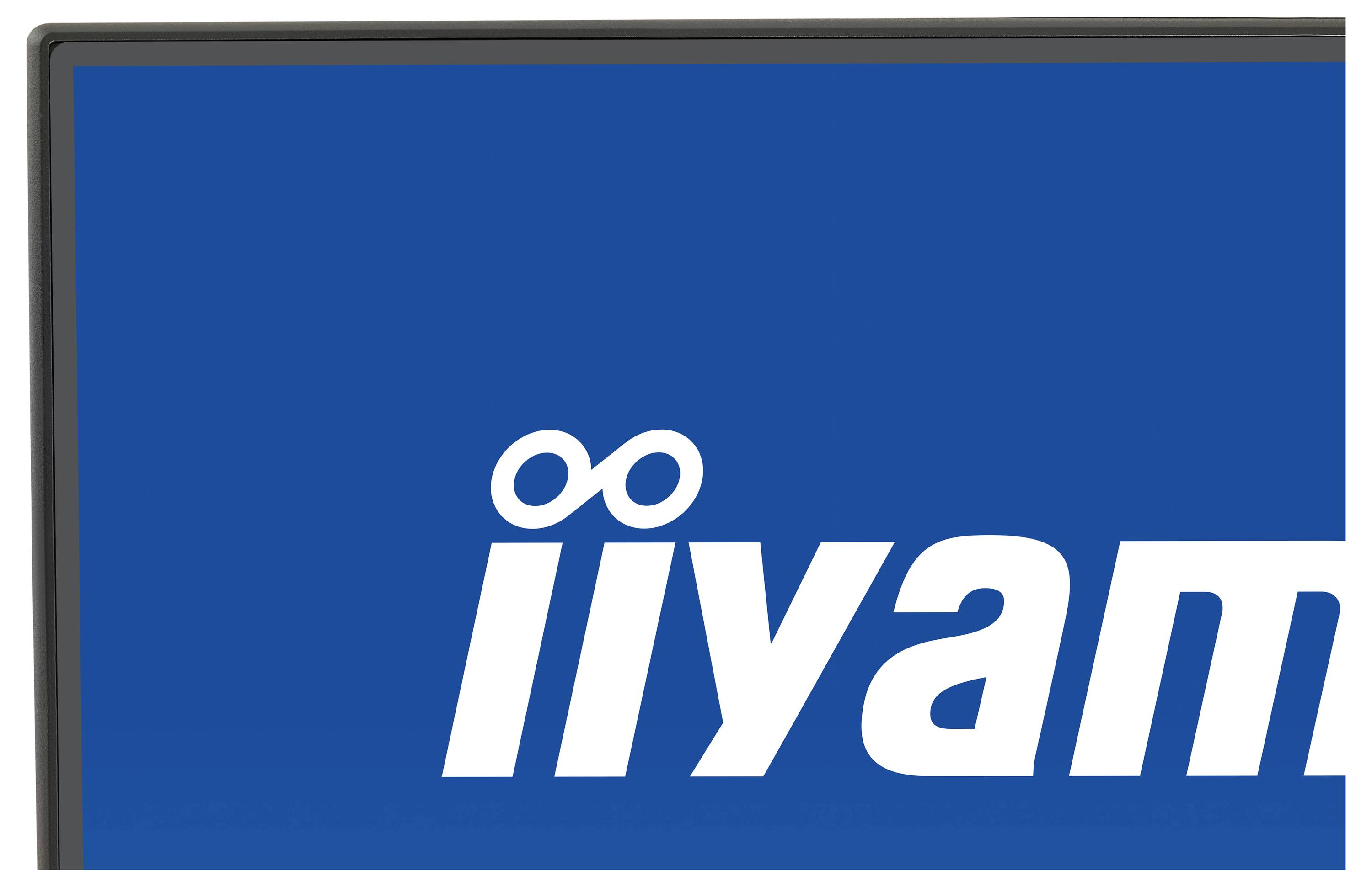 Une vue partielle d'un écran affichant le logo de marque « iiyama » sur un fond bleu.