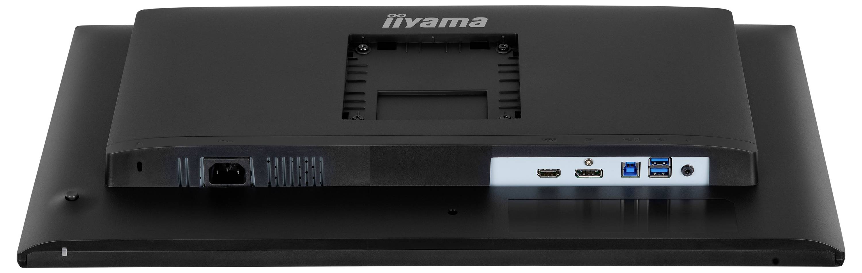 « Vue arrière d'un moniteur iiyama montrant ses ports de connectivité, incluant HDMI, DisplayPort, USB et alimentation électrique, sur une surface noire. »