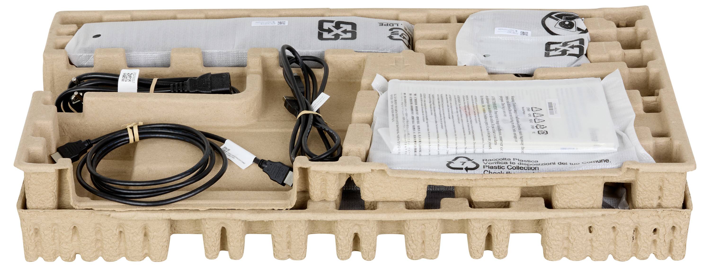 Plateau d'emballage contenant des composants de dispositif électronique, y compris des articles emballés, des câbles USB et un manuel. Les composants sont arrangés de manière sécurisée dans des compartiments.