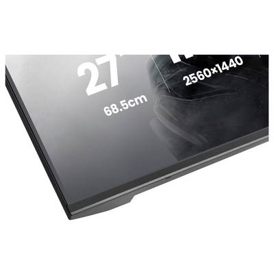 Un coin de moniteur grand écran affichant les textes « 27 », « 68,5 cm » et « 2560x1440 », indiquant la taille d'écran et la résolution, avec un design épuré.