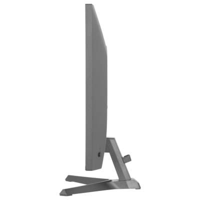 Vue latérale d'un écran d'ordinateur élégant et moderne avec un pied en métal rectangulaire, démontrant un design mince et une structure minimaliste.