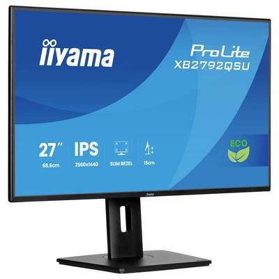 Un moniteur d'ordinateur affichant « iiyama ProLite XB2792QSU » avec un écran de 27 pouces, technologie IPS, cadre fin et design respectueux de l'environnement.