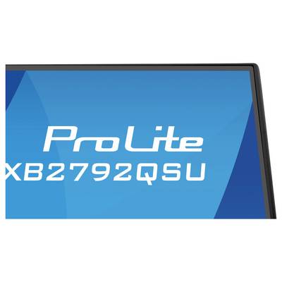 'ProLite XB2792QSU' texte sur un écran bleu avec une partie du cadre mince et noir du moniteur visible sur le bord droit.