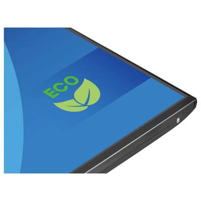 Gros plan d'un écran d'ordinateur affichant un fond bleu avec une icône de feuille verte et le mot « ECO », suggérant une technologie écologique.