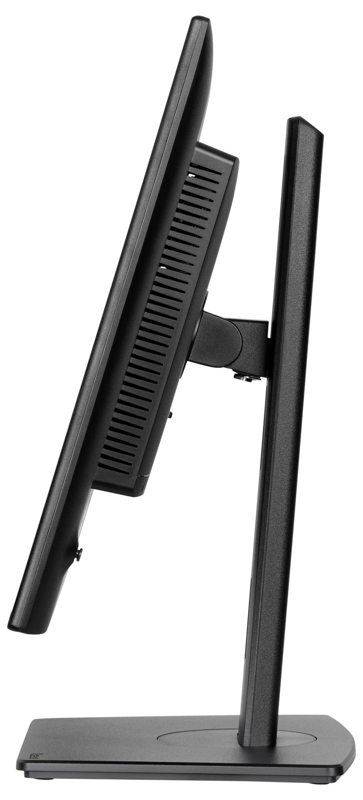 Vue latérale d'un écran d'ordinateur noir et élancé sur un support rectangulaire, mettant en évidence son profil fin et son mécanisme d'inclinaison ajustable.