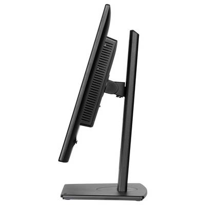 Vue latérale d'un écran d'ordinateur noir et élancé sur un support rectangulaire, mettant en évidence son profil fin et son mécanisme d'inclinaison ajustable.
