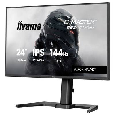 Un moniteur d'ordinateur affichant « iiyama G-Master GB2441HSU 24" IPS 144Hz Black Hawk », indiquant des fonctionnalités telles que le temps de réponse de 1ms et la résolution de 1920x1080.
