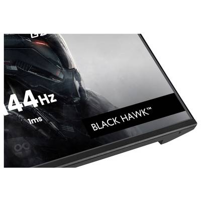 Un écran de moniteur de jeu affichant les spécifications : « 144 Hz », « 1 ms » et « BLACK HAWK™ » avec un design de casque futuriste en arrière-plan.