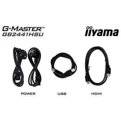 'Ensemble de câbles iiyama G-Master GB2441HSU avec câbles d'alimentation, USB et HDMI affichés individuellement, mettant en évidence la compatibilité.'