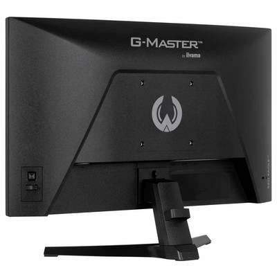 Un moniteur d'ordinateur noir, vu de l'arrière, affiche la marque « G-Master by iiyama » et un emblème circulaire. Le support est visible.