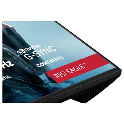 Un coin d'écran de moniteur affichant un logo « Red Eagle », avec le texte « Compatible NVIDIA G-SYNC » indiquant les caractéristiques technologiques.