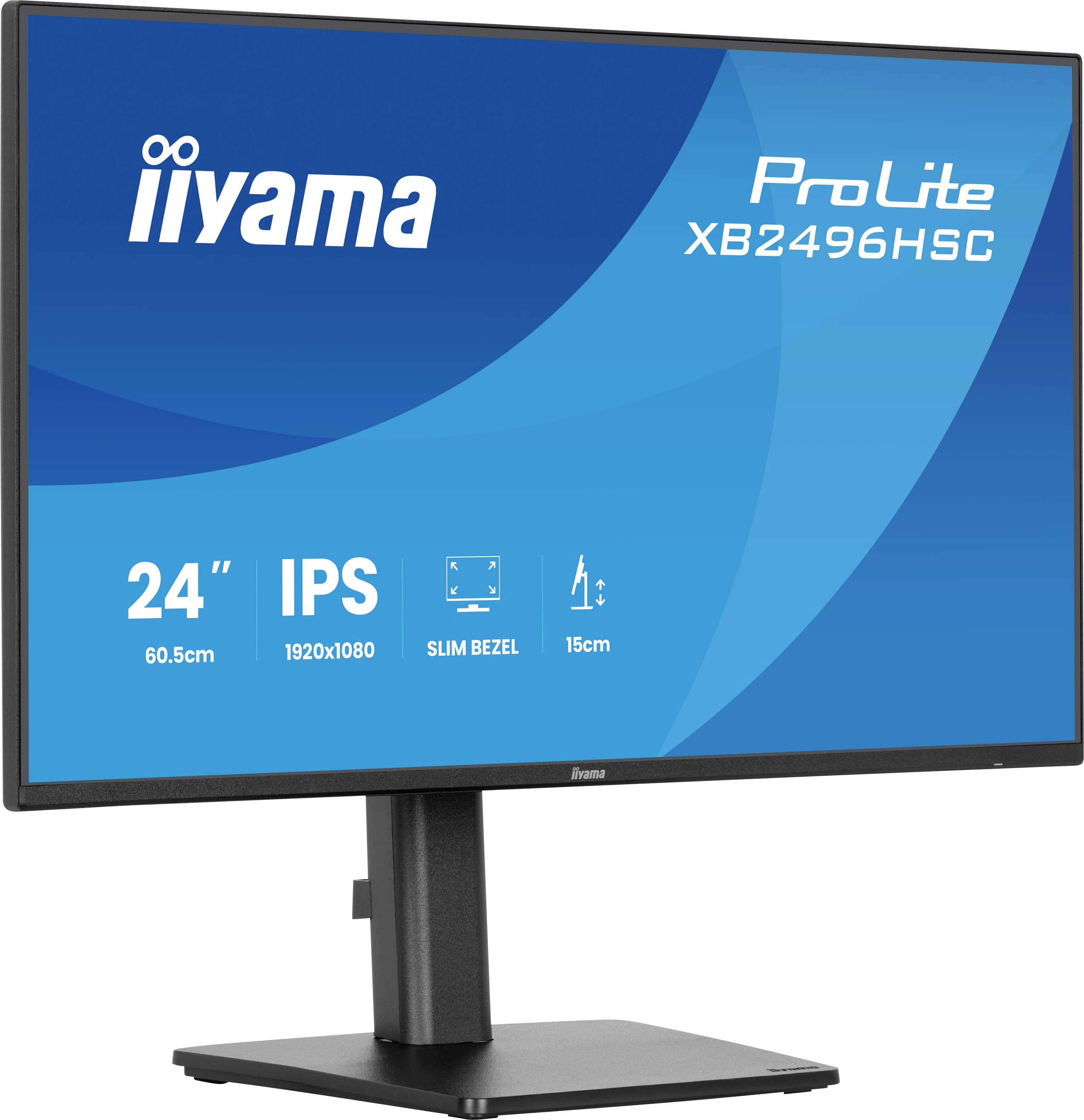 Moniteur Iiyama ProLite XB2496HSU avec un écran IPS de 24 pouces, résolution 1920x1080, cadre fin et support réglable en hauteur.