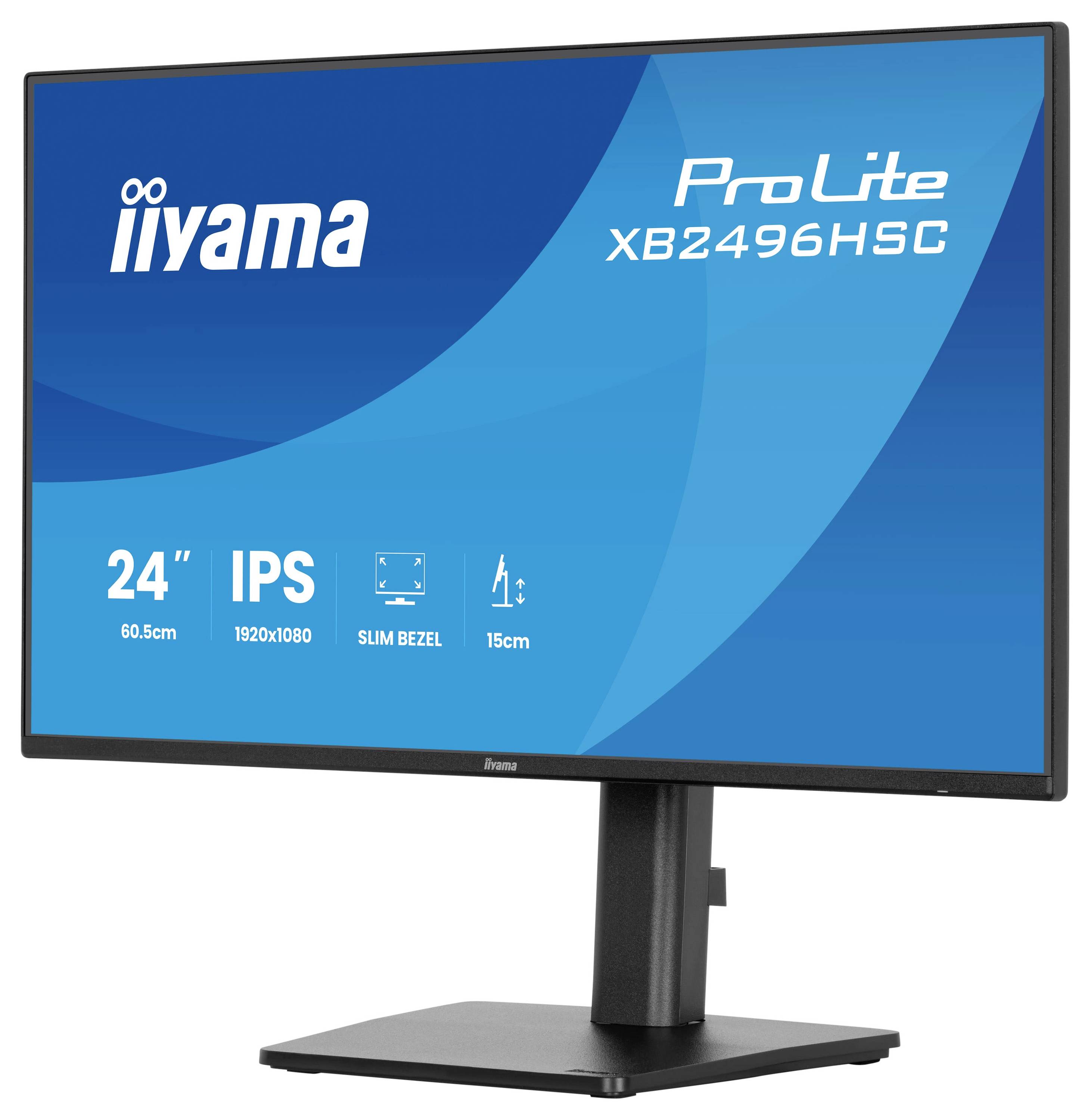 Un moniteur d'ordinateur affichant le texte : « iiyama ProLite XB2496HSU, 24 pouces, 60,5 cm, IPS, 1920x1080, Cadre fin, 15 cm » sur son écran.