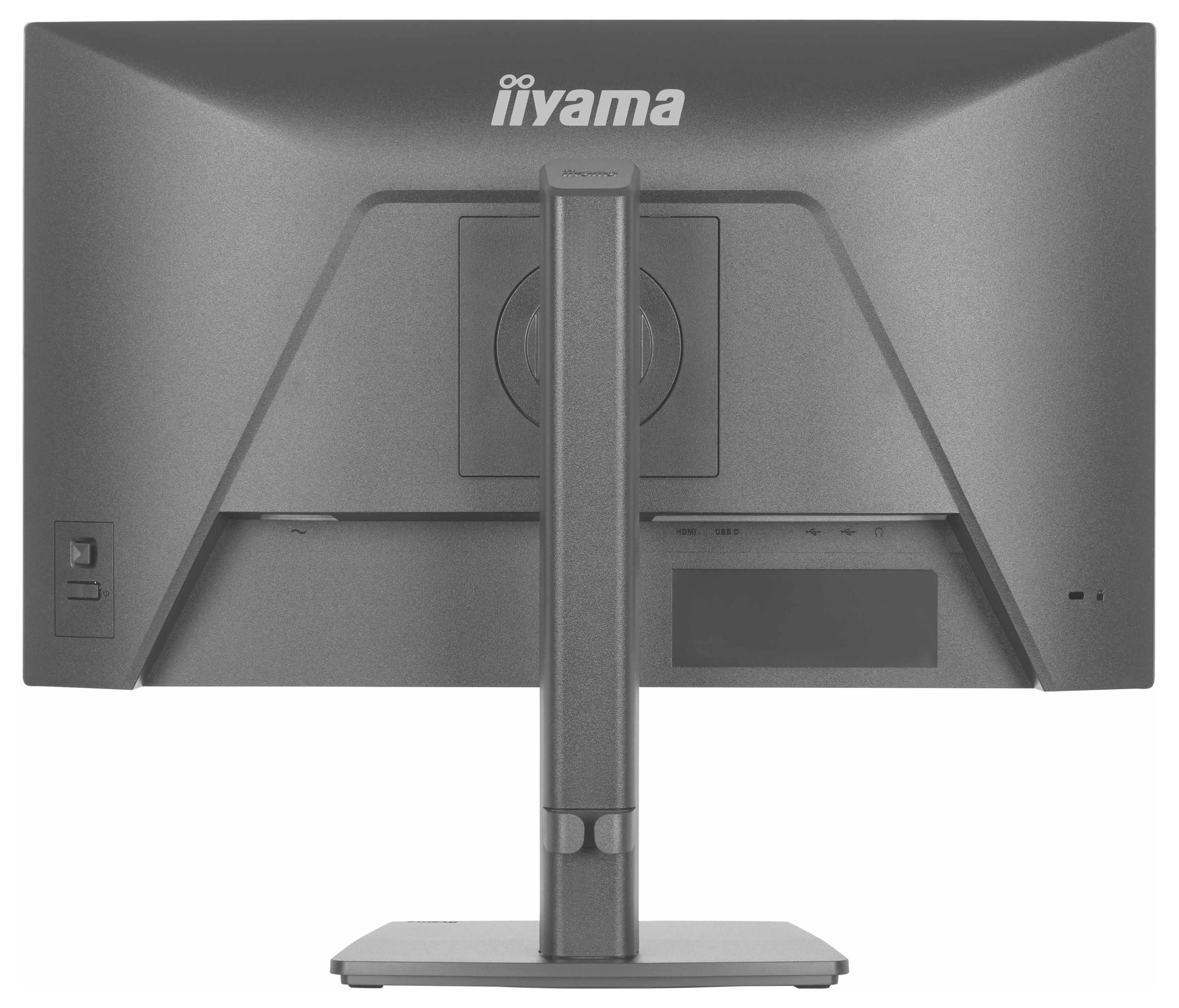 Un moniteur d'ordinateur gris iiyama vu de l'arrière, montrant un support réglable et une fonction de gestion des câbles.