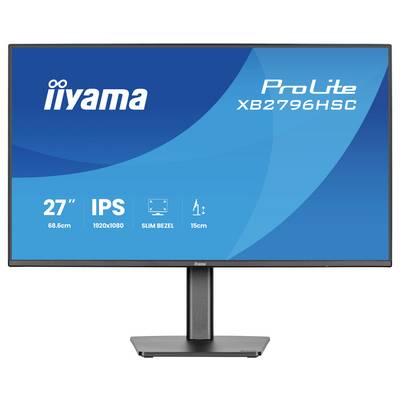 Un moniteur Iiyama ProLite de 27 pouces avec bordure fine, technologie IPS, résolution 1920x1080 et hauteur de socle de 15cm.