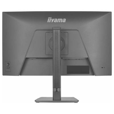 Vue arrière d'un moniteur d'ordinateur sur pied, montrant ses ports et son support ajustable. La marque « iiyama » est visible sur le dessus.