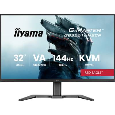Moniteur de jeu 'Iiyama G-Master GB3261UHSCP' avec écran de 32 pouces, panneau VA, résolution 4K, performances de 144Hz, et commutateur KVM.