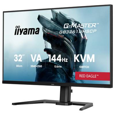 Un moniteur iiyama G-MASTER de 32 pouces affiche les caractéristiques principales : panneau VA, taux de rafraîchissement 144Hz, réponse de 0,6ms, résolution 3840x2160, commutateur KVM.