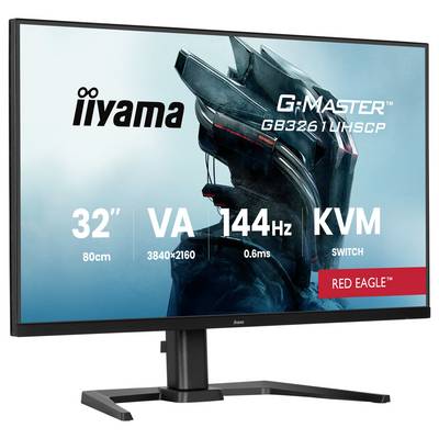 Un moniteur 32 pouces affichant « iiyama G-Master Red Eagle » avec les caractéristiques suivantes : panneau VA, résolution 3840x2160, taux de rafraîchissement 144Hz, réponse 0,6ms, commutateur KVM.