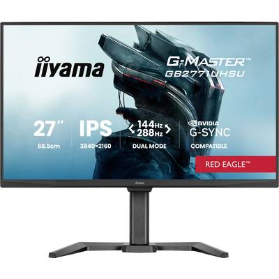 Un moniteur d'ordinateur présentant l'image de marque et les spécifications, avec un arrière-plan à thème robotique. Caractéristiques principales : taille 27 pouces, 4K IPS, 144Hz, support G-Sync.