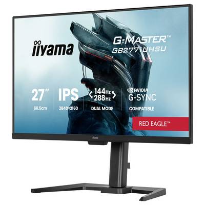Un moniteur d'ordinateur affichant un design de casque futuriste, avec le texte : « iiyama G-Master GB2770UHSU, 27" IPS, 144Hz, 3840x2160, compatible G-SYNC ».