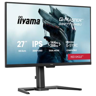 Un moniteur affichant « iiyama G-Master GB2770QSU » avec les caractéristiques suivantes : écran 27 pouces, IPS, résolution 3840x2160, taux de rafraîchissement 144Hz, compatible NVIDIA G-SYNC.
