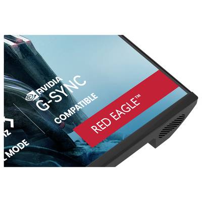 Un écran de moniteur vertical affiche : « iiyama G-Master GB2741QSU Black Hawk, 27" IPS, 2560x1440, 144Hz, compatible NVIDIA G-SYNC ». Un design de casque est en arrière-plan.