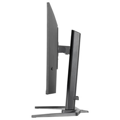 Vue latérale d'un écran informatique noir et fin avec un support robuste, mettant en évidence son design épuré et les caractéristiques de son support réglable.