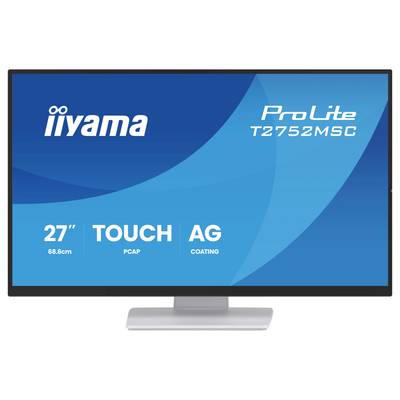 Moniteur tactile « iiyama ProLite T2752MSC », 27 pouces, technologie PCAP, revêtement antireflet, affiché sur un fond bleu.