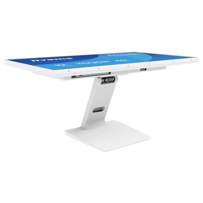 Un panneau d'affichage interactif plat blanc et ajustable en position horizontale, affichant un écran bleu partiellement visible avec du texte.