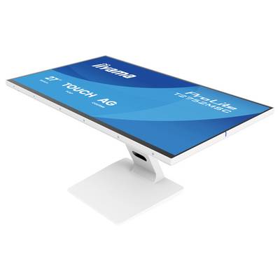 Un moniteur informatique blanc et plat affichant un écran bleu avec le texte « iiyama ProLite T2735MSC » et « 27" Touch AG », incliné vers la gauche.