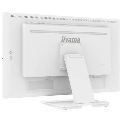 Un moniteur d'ordinateur blanc iiyama vu de l'arrière, montrant son support et sa marque sur le panneau arrière.