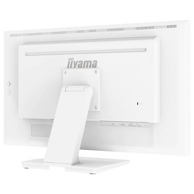 Vue arrière d'un moniteur d'ordinateur blanc sur un support, affichant la marque « iiyama » avec des ports d'entrée et de contrôle visibles.
