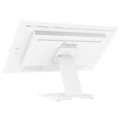 L'image montre la vue arrière d'un écran d'ordinateur blanc avec une base rectangulaire et un support vertical, mettant en évidence son design minimaliste.