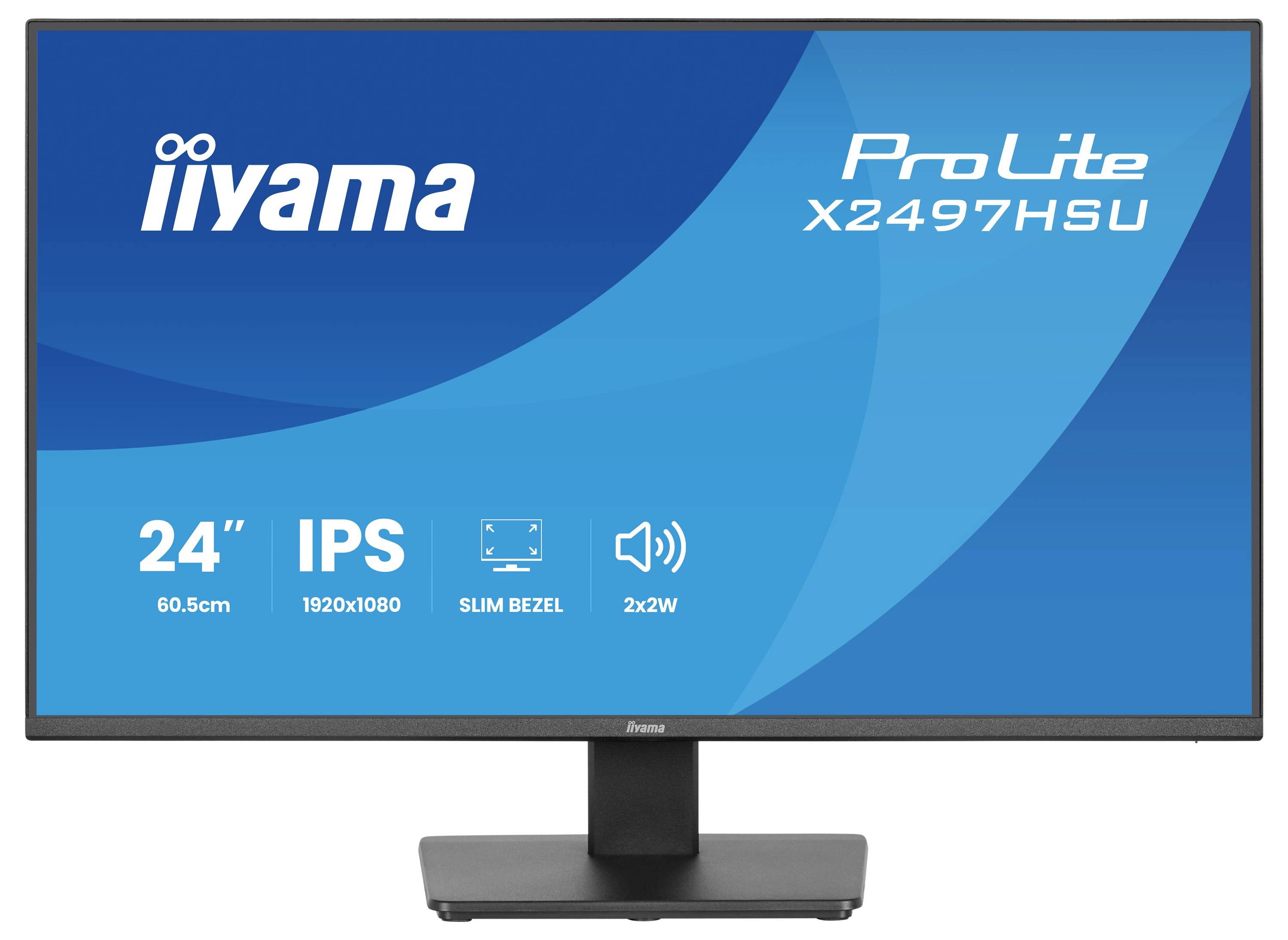 Moniteur affichant le texte : « iiyama ProLite X2497HSU » avec les caractéristiques : « 24", IPS, 1920x1080, Bordure fine, 2x2W ».