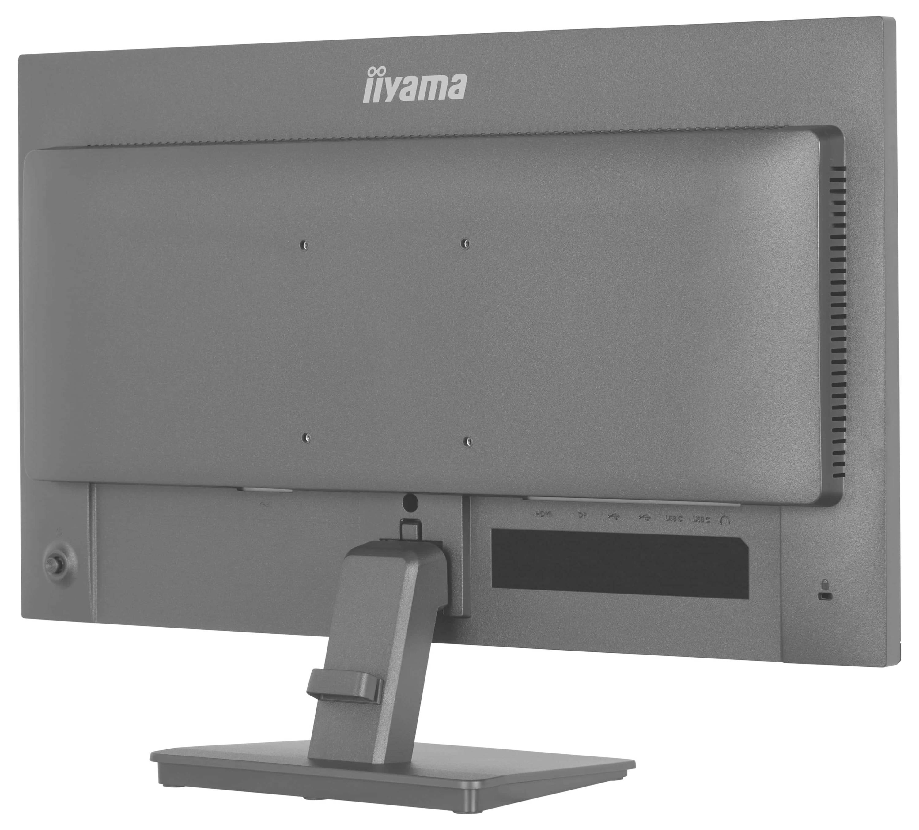 Une vue arrière d'un moniteur d'ordinateur gris portant l'étiquette « iiyama », montrant son support et ses différents ports d'entrée.