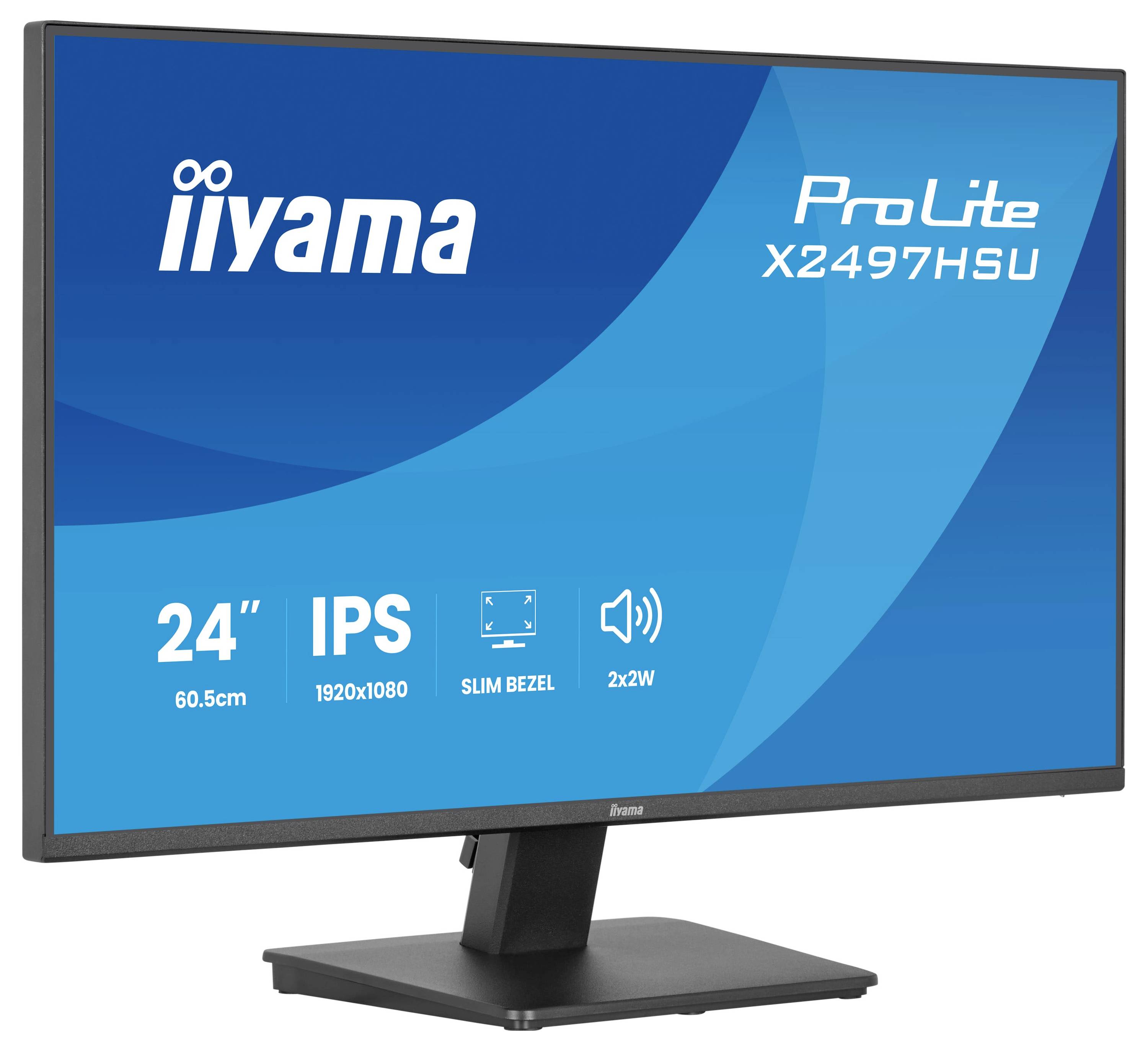 Affichage moniteur affichant le nom de marque « iiyama », modèle « ProLite X2497HSU », taille « 24" 60,5cm », « 1920x1080 IPS », et haut-parleurs « 2x2W ».
