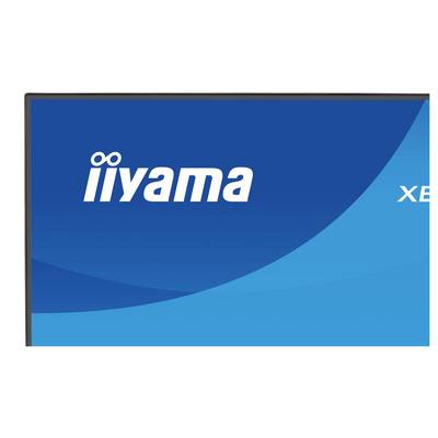 Logo « iiyama » sur un fond bleu avec un design d'onde abstraite.