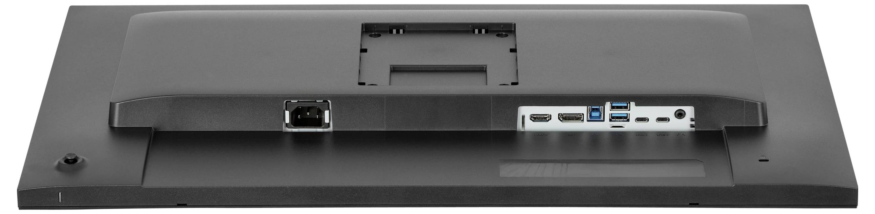 Un panneau arrière de moniteur noir montrant divers ports, notamment USB, HDMI et Ethernet.