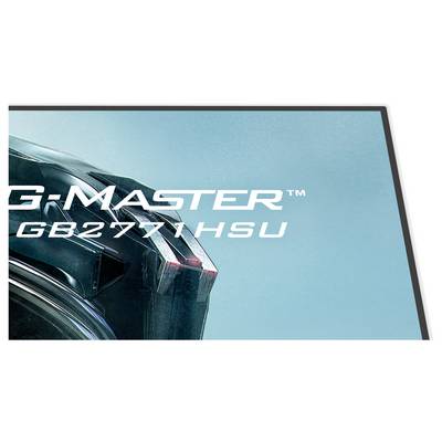Coin du moniteur montrant une partie du design épuré avec des contours futuristes et le texte « G-Master GB2771HSU » sur un fond bleu.