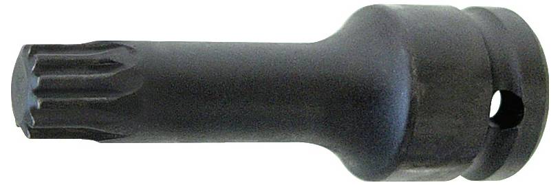Une douille de bit Torx noire, avec une base hexagonale, utilisée pour serrer ou desserrer les fixations, présentée sur un fond blanc.