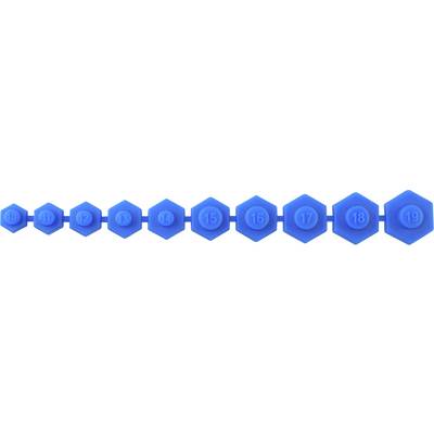 Une séquence d'hexagones bleus numérotés de 11 à 19 connectés en rangée, chacun présentant un centre rond avec son numéro respectif.