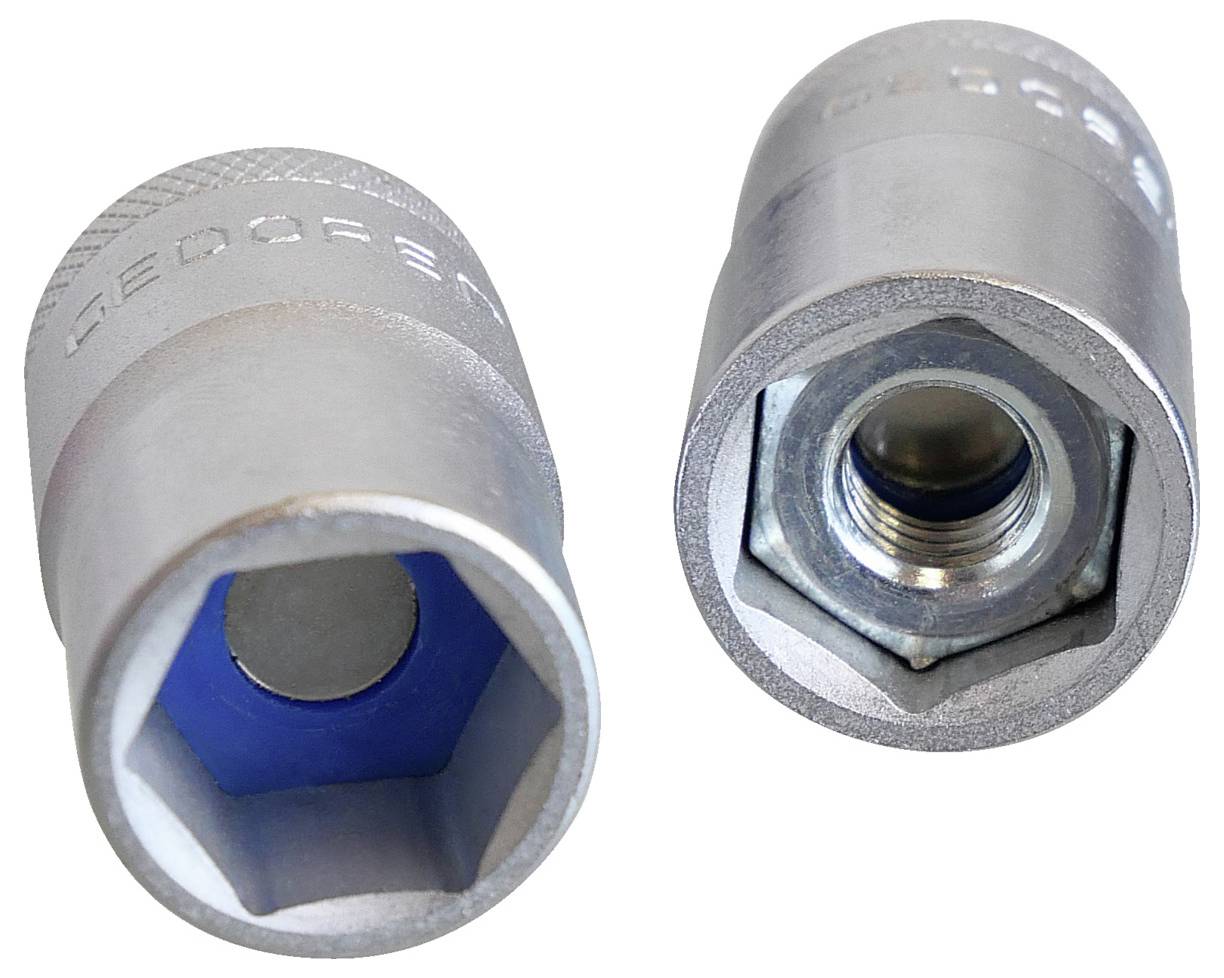 Deux clés à douille métalliques, l'une montrant la forme hexagonale intérieure, l'autre affichant l'intérieur fileté. Outils positionnés sur un fond blanc.