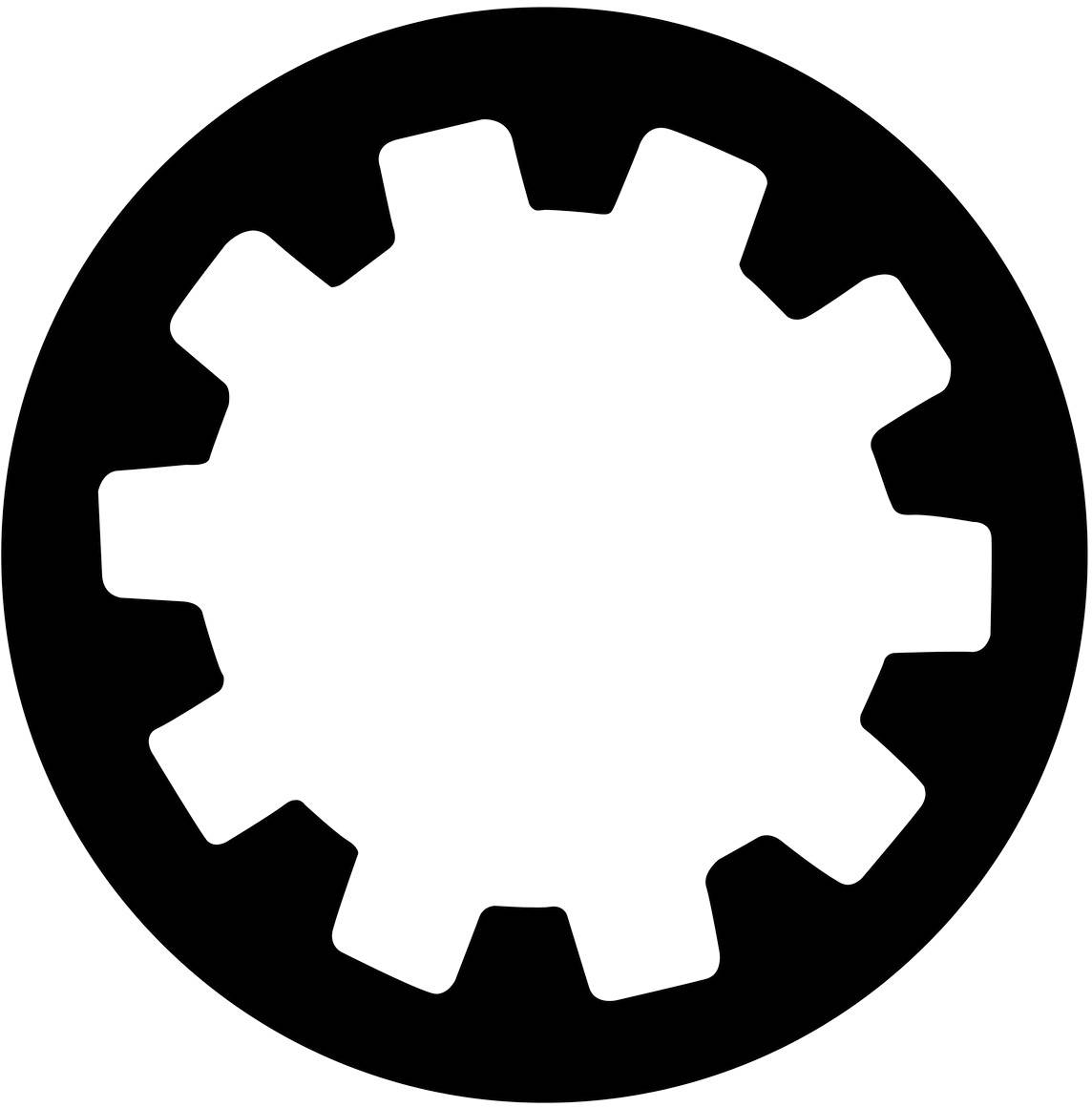 'Icône d'engrenage noir et blanc avec une forme circulaire et des bords arrondis.'