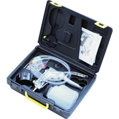 « Étui de transport en plastique ouvert contenant un ensemble d'outils de purge de frein, avec diverses pièces jointes, un récipient de liquide transparent et des instructions. »
