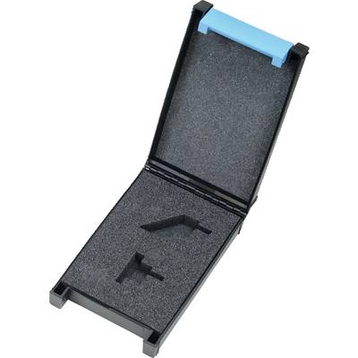 Un boîtier en plastique noir avec une poignée bleue, ouvert pour révéler un rembourrage en mousse à l'intérieur. La mousse présente des découpes conçues pour maintenir des outils ou des articles spécifiques.