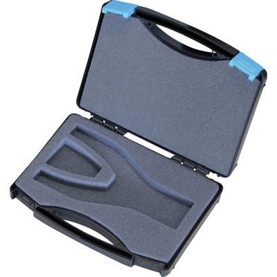 Un étui de transport noir vide et ouvert avec un insert en mousse personnalisé, conçu pour maintenir un outil ou un appareil spécifique, placé sur un fond blanc.