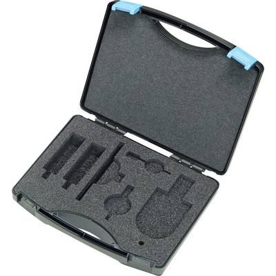 Un étui rigide noir ouvert avec un insert en mousse présentant des découpes conçues pour maintenir divers outils ou équipements. L'étui est doté d'une poignée et de loquets bleus.