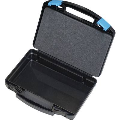 Un étui de transport en plastique noir ouvert avec des loquets bleus et un intérieur garni de mousse, conçu pour stocker et transporter les articles de manière sécurisée.