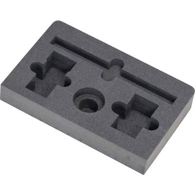 Un insert en mousse rectangulaire avec des découpes multiples, incluant des cercles et des formes rectangulaires, conçu pour maintenir les articles spécifiques de manière sécurisée.